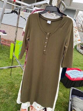 Olive Green Henley Knit Dress - Women's Simple Shift